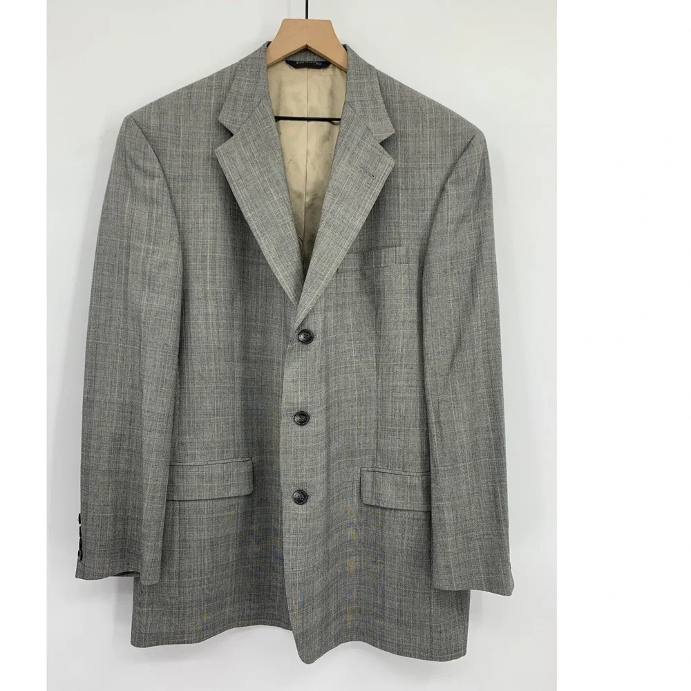 Vintage Burberrys Blazer Mens 44L Gray Plaid Super 100s Wool Made USA